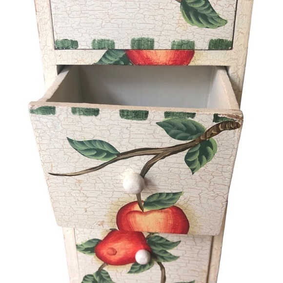 VTG 3 Drawer Kitchen Cupboard Shelves Hand Painted Apples On The Vine 13X5.5X4 - Picture 2 of 6